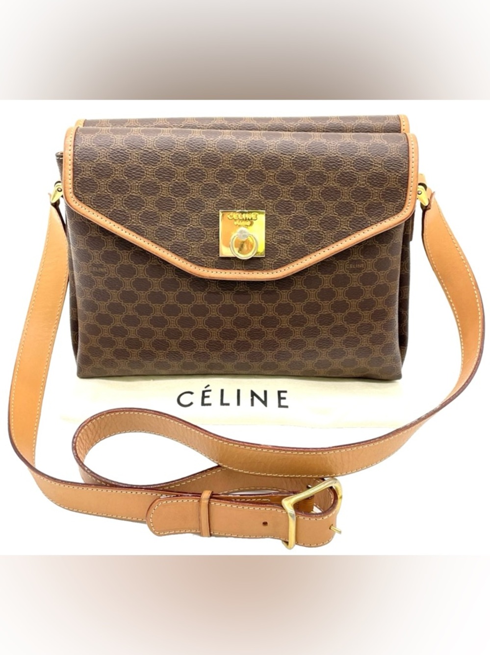 Auth CÈLINE Brown Macadam Canvas Crossbody Bag with Tan Leather Trim